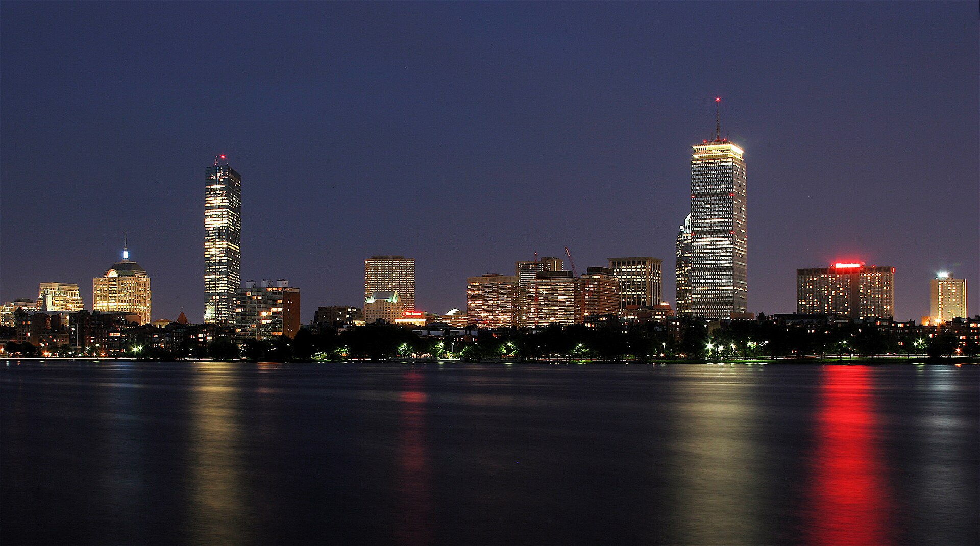 Boston skyline illuminated across the Charles River
